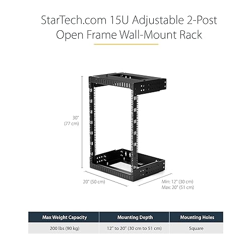 StarTech.com 2-Post 15U Heavy-Duty Wall Mount Network Rack, 19 Open Frame Server Rack with Adjustable Depth, Wall Mount Data Rack for IT / AV / Patch Panel / Computer Equipment (RK15WALLOA) 15U Rack