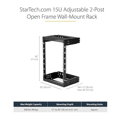 StarTech.com 2-Post 15U Heavy-Duty Wall Mount Network Rack, 19 Open Frame Server Rack with Adjustable Depth, Wall Mount Data Rack for IT / AV / Patch Panel / Computer Equipment (RK15WALLOA) 15U Rack
