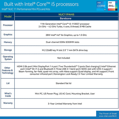 Intel NUC 11, NUC11PAHi5 Canyon Mini PC Desktop, Win 10 Pro Mini Computer, Intel Core i5-1135G7 Processor, 4Core,8MB Cache, 28W Intel Iris Xe Graphics, WiFi6, Thunderbolt 3 (16GB RAM+256GB PCIe SSD) NUC11PAHi5 16GB+256GB