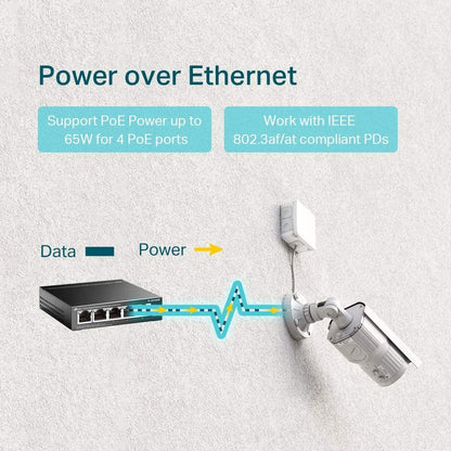 TP-Link TL-SG1005P V2 or later | 5 Port Gigabit PoE Switch | 4 PoE+ Ports @65W | Desktop | Plug &amp; Play | Sturdy Metal w/ Shielded Ports | Fanless | Limited Lifetime Protection | QoS &amp; IGMP Snooping Unmanaged 5 Port w/4 PoE+ Port