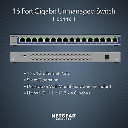 NETGEAR 16-Port Gigabit Ethernet Unmanaged Switch (GS116) - Desktop or Wall Mount, and Limited Lifetime Protection