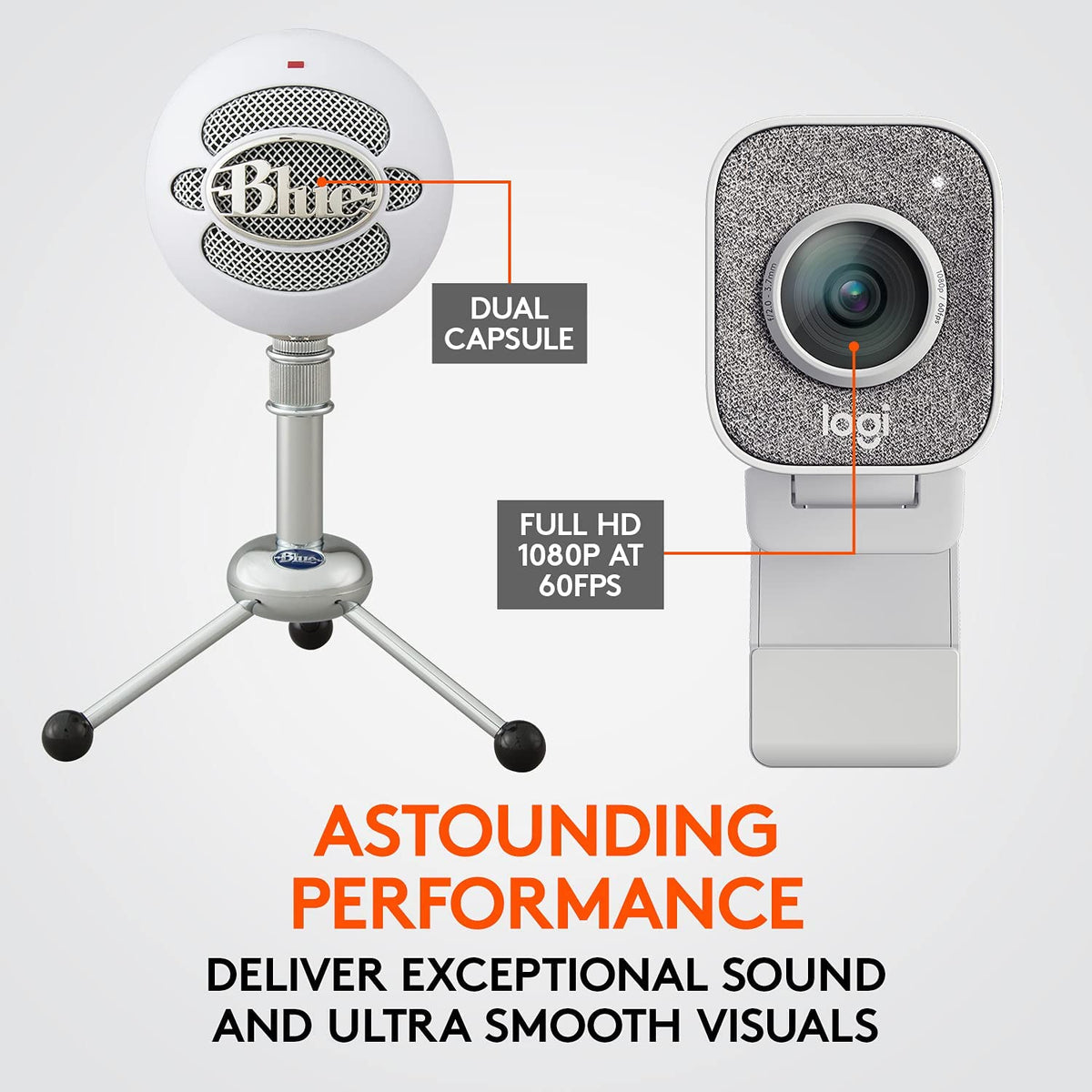 Logitech for Creators StreamCam Premium Webcam, Full HD 1080p 60 fps, Premium Glass Lens, Smart Auto-Focus, White and Blue Snowball USB Microphone – Textured White White/Textured White StreamCam/Microphone
