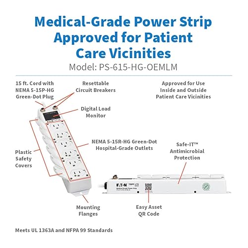 Tripp Lite Eaton Medical Hospital Power Strip for Patient Care Vicinity, UL 1363A Certified, 6 Outlets + 15ft Cord, Cart & IV Pole Mount Option, (PS-615-HG-OEMLM) 6 Outlets / 15 Foot Cord