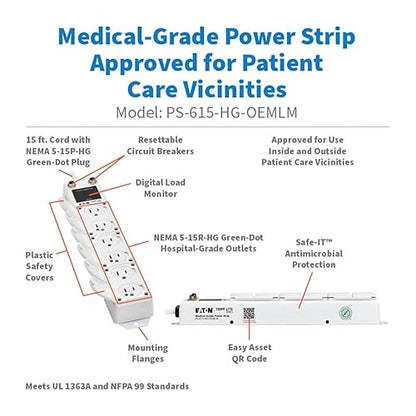 Tripp Lite Eaton Medical Hospital Power Strip for Patient Care Vicinity, UL 1363A Certified, 6 Outlets + 15ft Cord, Cart & IV Pole Mount Option, (PS-615-HG-OEMLM) 6 Outlets / 15 Foot Cord