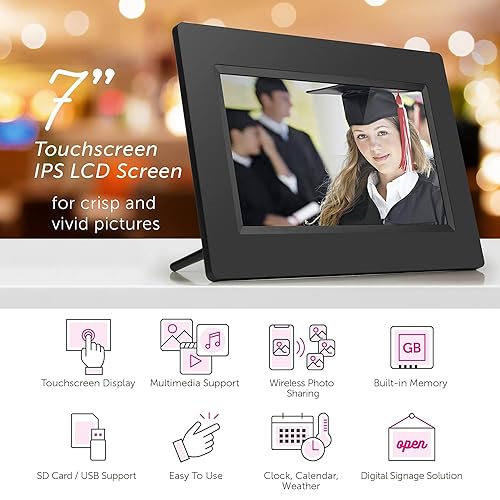 Aluratek 7 WiFi Digital Photo Frame with Touchscreen IPS Display, 8GB Built-in Memory, 1024 X 600, 16:9 (AWDMPF107F), Black 7 Black