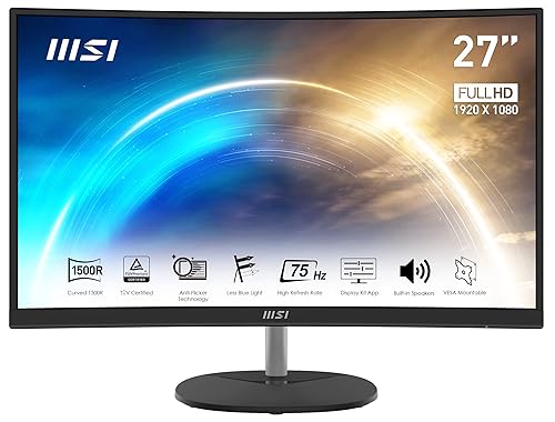 MSI Pro MP271CA, 27" Monitor, 1920 x 1080 (FHD), Curved VA, 75Hz, TUV Certified Eyesight Protection, 4ms, Displayport, HDMI, Tilt Black 1 HDMI Port/1 Display Port