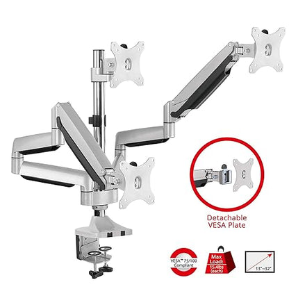 SIIG Mounting Arm for Flat Panel Display, Curved Screen Display, Monitor - Silver - 3 Display(s) Supported32 Screen Support - 46.20 lb Load Capacity - 75 x 75, 100 x 100 VESA Standard
