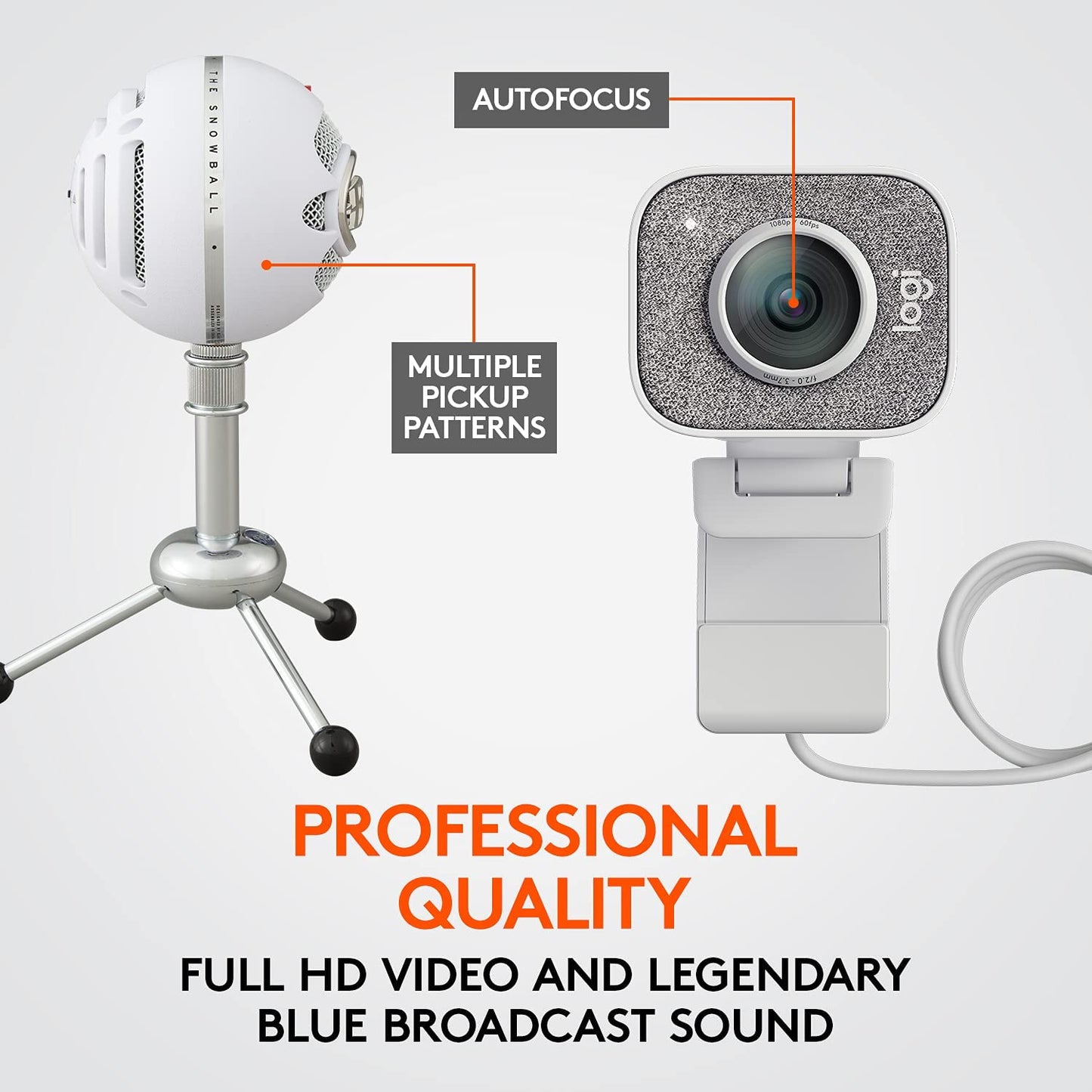 Logitech for Creators StreamCam Premium Webcam, Full HD 1080p 60 fps, Premium Glass Lens, Smart Auto-Focus, White and Blue Snowball USB Microphone – Textured White White/Textured White StreamCam/Microphone