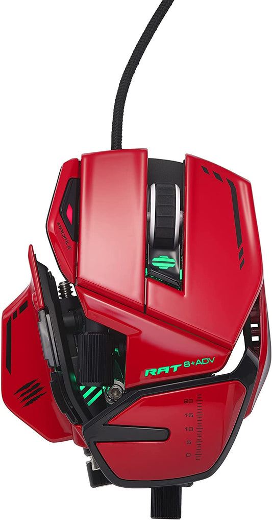 Mad Catz R.A.T. 8+ ADV Fully Adjustable Wired Gaming Mouse - Metal Base - 20000 DPI - 11 Programmable Buttons -4 User Profiles Stored Directly – Customize RGB LED- Tunable Weight System - Red