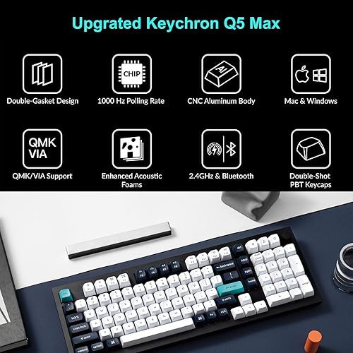 Keychron Q5 Max QMK/VIA Programmable Wireless Metal Custom Mechanical Keyboard, Tri-Mode BT5.1/2.4GHz/USB-C Hot Swappable RGB Backlit PBT Gaming Keyboards, Red Switches, 89 Keys Carbon Black+Gateron Jupiter Red Switch