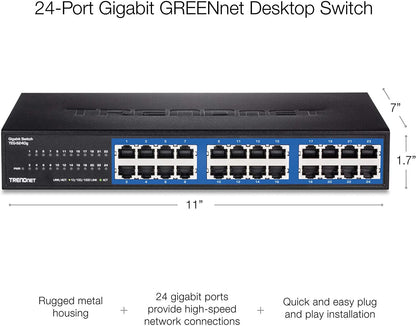 TRENDnet 24-Port Unmanaged Gigabit GREENnet Desktop Switch, Ethernet Network Switch, 24 x 10-100-1000 Gigabit Ethernet RJ-45 Ports, 48Gbps Switching Capacity, Lifetime Protection, Black, TEG-S24DG 24-Port Version 1.0