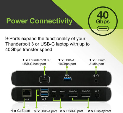 IOGEAR 9 Port Thunderbolt 3 Hub - 4K Dual Display 60Hz - 2 Displayport 1.2 - 60W Charging for Laptop - 40Gbps Speeds - Integrated Ethernet - 3.5mm Audio - GTD737 Quantum Dual Mode
