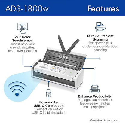 Brother ADS-1800W Wireless Compact Desktop Scanner with Colour Touchscreen – Bluetooth, Photo & Document Scanning for Business and Home Use