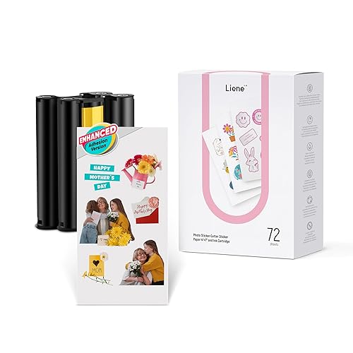 Liene Sticker Paper & Cartridge (Enhanced Adhesion Version) - 2 Ink Cartridge Refills & 72 Sheets 4x7" Photo Paper, Dye Sublimation Waterproof, Compatible with Liene PixCut S1