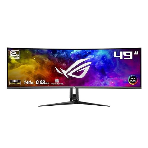 ASUS ROG Swift 49” Curved QD-OLED Gaming Monitor (PG49WCD) - Dual QHD 32:9 (5120x1440), 144Hz, 0.03ms, G-SYNC Compatible, Custom Heatsink, Uniform Brightness, Smart KVM, 90W USB-C PD, DisplayHDR 400
