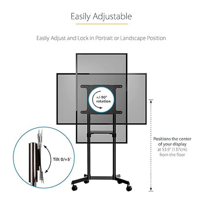 StarTech.com Mobile TV Cart - Portable Rolling TV Stand for 37-70 VESA Display (154lb/70kg) - TV Stand w/Shelf & Storage Compartment - Rotate/Tilt Display - Universal TV Mount on Wheels (MBLTVSTNDEC) Single TV 37-70