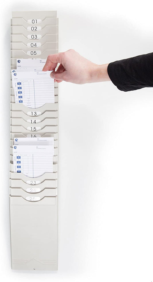Pyramid Time Systems 400-X Expanding Time Card Rack, expands to up to 25 Time Cards, Made of Lightweight, Durable Plastic, Includes self-Adhesive Number Labels for assigning Card Slots, Grey