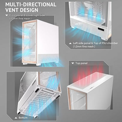 Antec Flux Pro White, 6 x PWM Fans Included, High-Airflow Front Panel with Walnut Wood, iShift PSU 90° Mount, USB3.0 x 2, Type-C, 420mm Radiator Support, Temp. Display, Full-Tower E-ATX PC Case