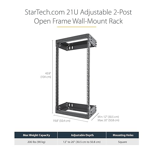 StarTech.com 2-Post 21U Heavy-Duty Wall Mount Network Rack, 19 Open Frame Server Rack with Adjustable Depth, Wall Mount Data Rack for IT / AV / Patch Panel / Computer Equipment (RACK-21U-20-WALL-OA)