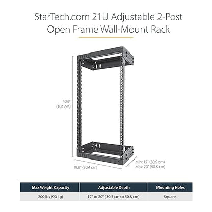 StarTech.com 2-Post 21U Heavy-Duty Wall Mount Network Rack, 19 Open Frame Server Rack with Adjustable Depth, Wall Mount Data Rack for IT / AV / Patch Panel / Computer Equipment (RACK-21U-20-WALL-OA)
