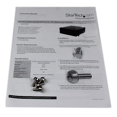 StarTech.com 4U Rack Mount Drawer - 55 lb (25 kg) - 4U Steel Storage Rack Drawer for 19 AV/Sever/Network Equipment Rack or Cabinet (4UDRAWER) Black 14 Inch depth