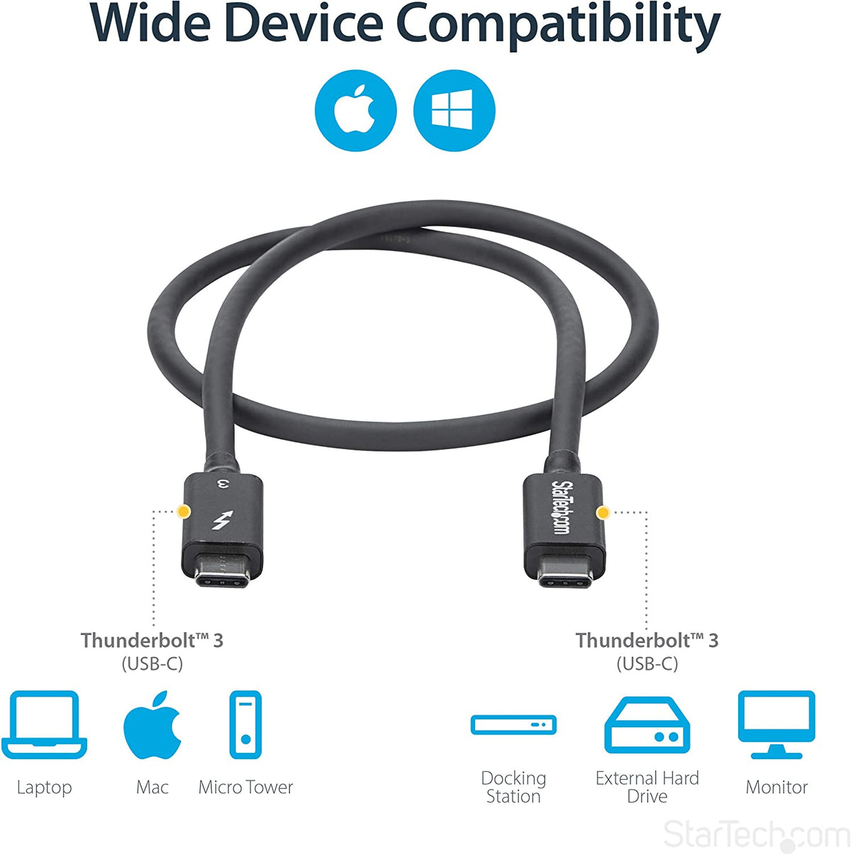 StarTech.com 40Gbps Thunderbolt 3 Cable - 1.6ft/0.5m - Black - 5k 60Hz/4k 60Hz - Certified TB3 USB-C Charger Cord w/ 100W Power Delivery (TBLT34MM50CM) 1.5ft 40Gbps | Black