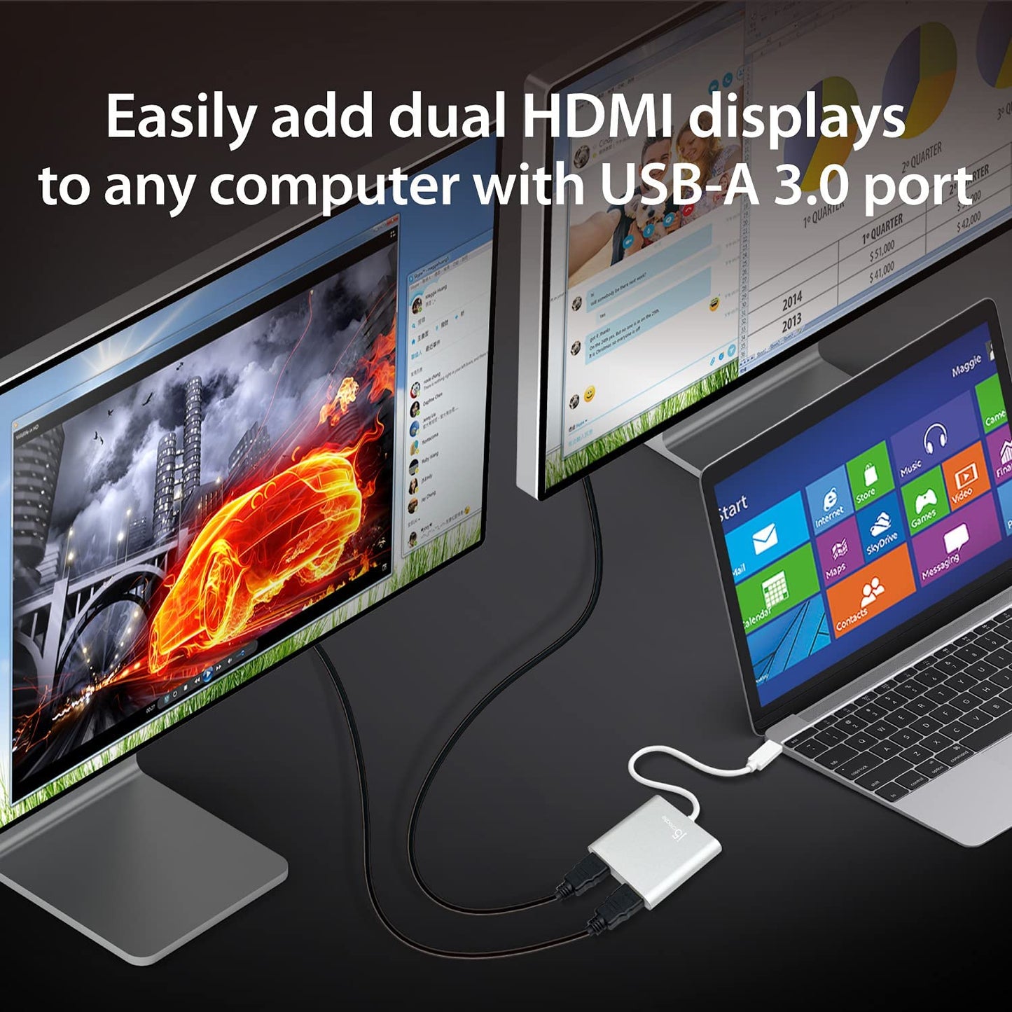 J5 create j5create USB to HDMI Adapter - Dual HDMI USB 3.0 Multi-Monitor Cable | 4K Ultra HD | Compatible with Microsoft 7, 8.1, 10 / Mac OS X v10.6 and Above