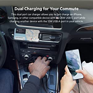 Belkin 37 Watt Dual USB Car Charger - Power Delivery 25W USB C Port &amp; 12W USB A Port for PPS Charging Apple iPhone 14, 14 Pro, 14 Pro Max, iPhone 13, Samsung Galaxy, AirPods - Included Lightning Cable Dual USB-A &amp; C 37W + LGT Cable Charger