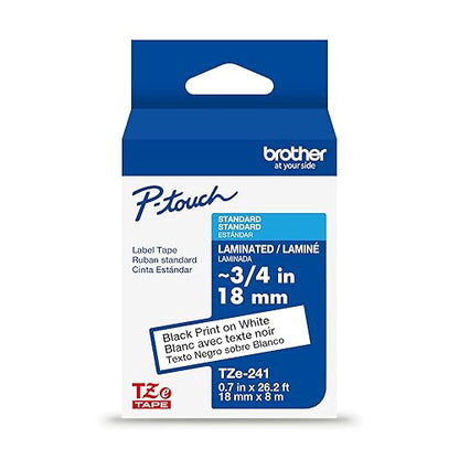 Brother Genuine TZe-241 Black on White Laminated Tape for TZe-Compatible P-Touch Label Makers, 18 mm Wide x 8 m Long