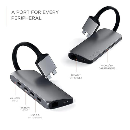 Satechi Type-C Dual Multimedia Adapter with Dual 4K HDMI, USB-C PD, Gigabit Ethernet, Micro/SD Card Readers, USB 3.0 - for M2/ M1 MacBook Pro/Max (Space Gray)