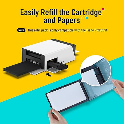 Liene Photo Paper & Cartridge, 2 Ink Cartridge Refill & 72 sheets photo papers, 4x6", Dye Sublimation, Water & Oxidation-Proof, Compatible w/Liene PixCut S1 Photo Sticker Printer and Cutter