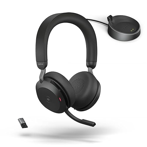 Jabra Evolve2 75 Wireless PC Headset with Charging Dock and 8-Mic Technology - Dual Foam Stereo Headphones with Advanced Active Noise Cancellation, USB-A Bluetooth Adapter and MS Compatibility - Black Headset + Charging Stand (USB-A) MS Teams Compatible