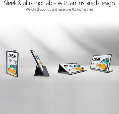 ASUS ZenScreen MB16AMT 15.6" Full HD Portable Monitor Touch Screen IPS Non-glare Built-in Battery and Speakers Eye Care USB Type-C Micro HDMI w/ Foldable Smart Case