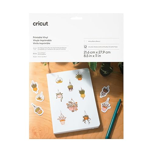Cricut Printable Vinyl - US Letter Size (12 Ct), Printable Vinyl for Stickers, Labels, Vinyl Paper for Inkjet Printer, Compatible with Cricut Maker, Explore 3, & Cricut Joy Xtra Machines, White 12ct White