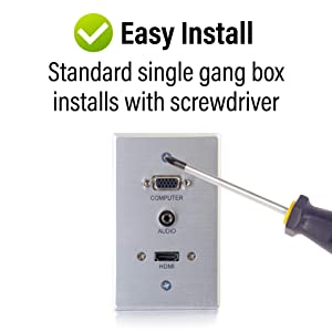 C2g/ cables to go C2G Wall Pass Through For HDMI, VGA, &amp; 3.5mm AUX Cables - Single Gang Wall Plate Includes Flexible HDMI &amp; AUX Pigtail - Brushed Aluminum Design For Sturdy &amp; Stylish Finish - Ideal For Conference Rooms, Model:60144