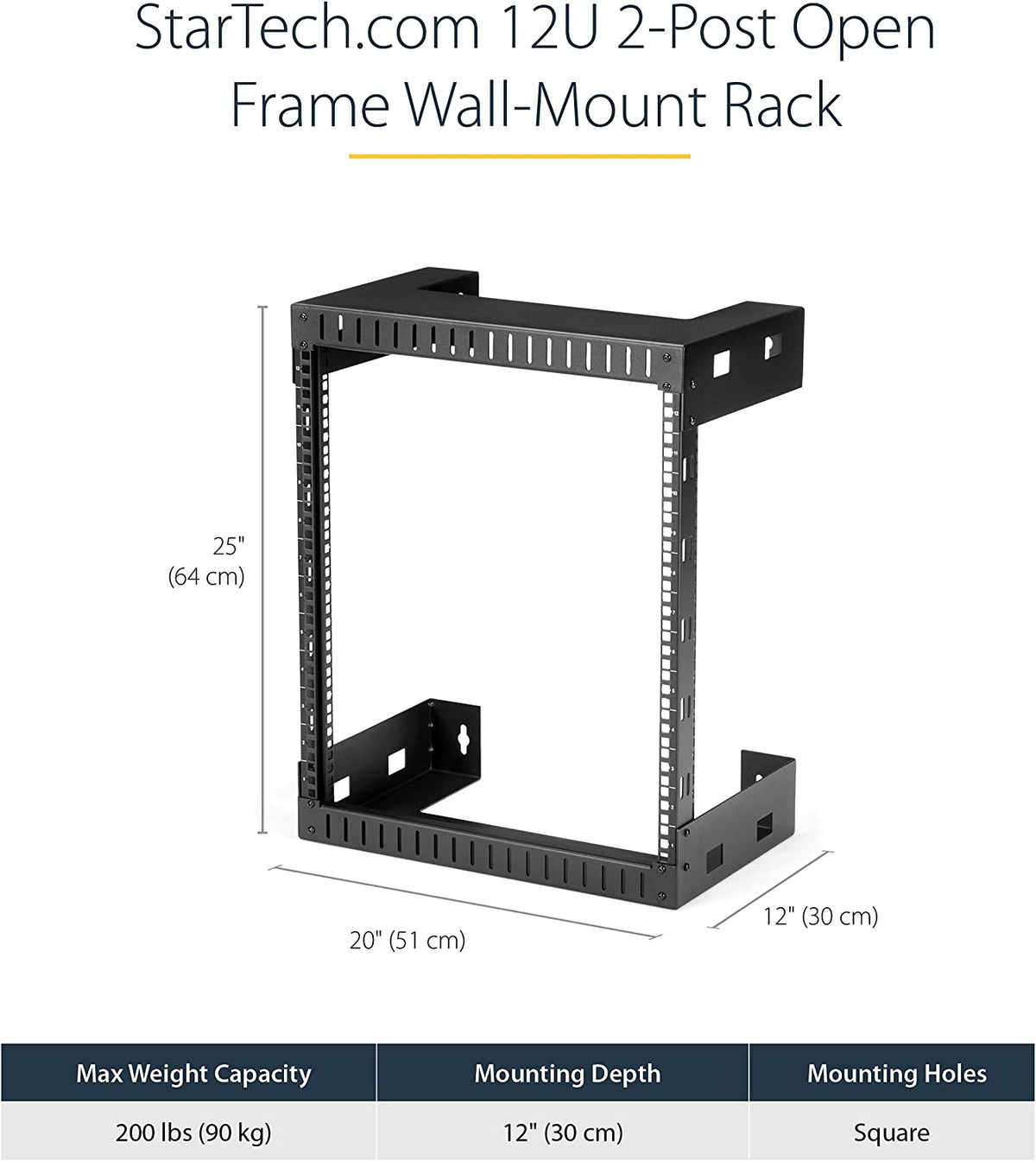 StarTech.com 12U 19" Wall Mount Network Rack - 12" Deep 2 Post Open Frame Server Room Rack for Data/AV/IT/Computer Equipment/Patch Panel with Cage Nuts &amp; Screws 200lb Capacity, Black (RK12WALLO) 12U Rack