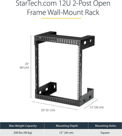 StarTech.com 12U 19" Wall Mount Network Rack - 12" Deep 2 Post Open Frame Server Room Rack for Data/AV/IT/Computer Equipment/Patch Panel with Cage Nuts &amp; Screws 200lb Capacity, Black (RK12WALLO) 12U Rack