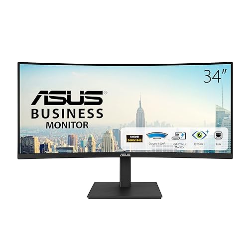 ASUS 34” Ultrawide Curved USB-C Docking Monitor (VA34VCPSN) - 21:9 QHD (3440 x 1440), 1500R Curvature, 100Hz, Adaptive Sync, USB Hub, RJ45, Eye Care, Frameless, VESA Wall Mountable, Height Adjustable 34" WQHD Curved 100Hz USB-C Docking