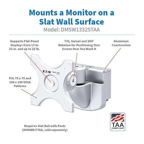 Eaton Tripp Lite Monitor Mount 5.5" Extension Arm for DMSWKITTAA Slat Wall Mount System, Full Swivel + Rotation, VESA Compliant for 13" to 32" Displays, TAA Compliant, 5-Year Warranty (DMSW1332STAA) 5.5" Monitor Arm Mount