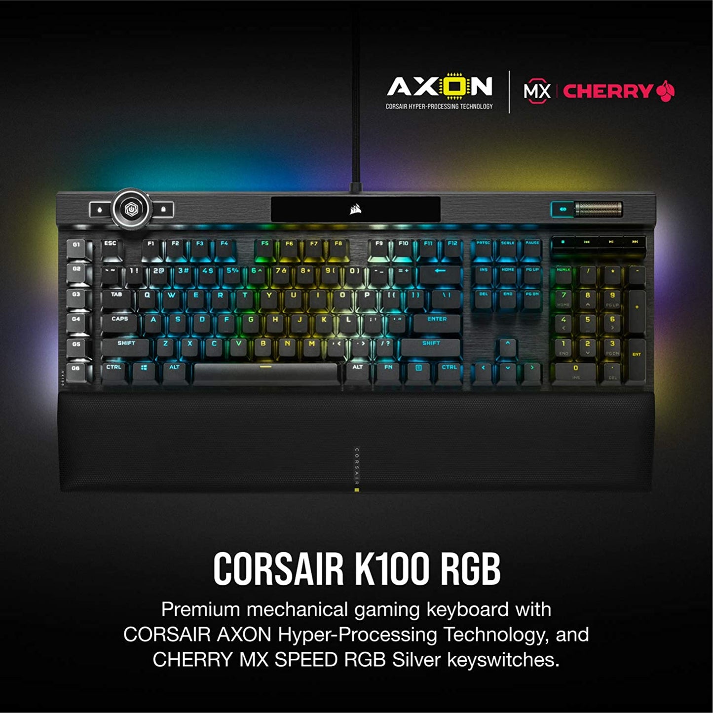 Corsair K100 RGB Mechanical Gaming Keyboard - Cherry MX Speed RGB Silver Keyswitches - AXON Hyper-Processing Technology for 4X Faster Throughput - 44-Zone RGB LightEdge - PBT Double-Shot Keycaps