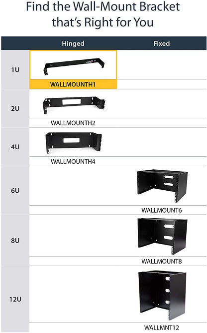 StarTech.com 1U Hinged Wall Mount Patch Panel Bracket - 4 inch Deep - 19" Patch Panel Swing Rack for Shallow Network Equipment- 17lbs (WALLMOUNTH1)