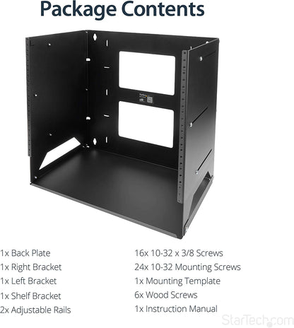 StarTech.com 8U Open Frame Wall Mount Network Rack w/ Built in Shelf - 2-Post Adjustable Depth (12" to 18") Equipment Rack - 75.2lbs (WALLSHELF8U) 17.6"x19.1"x12.1" Adjustable Depth w Shelf