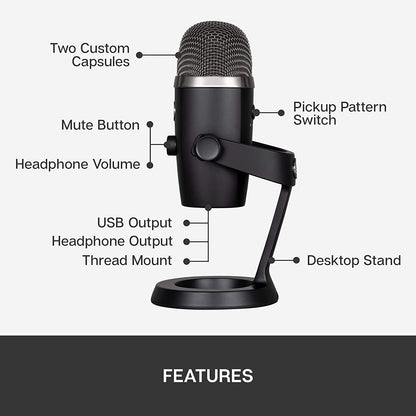 Blue microphones Blue Yeti Nano Premium USB Microphone for Recording, Streaming, Gaming, Podcasting on PC and Mac, Condenser Mic with Blue VO!CE Effects, Cardioid and Omni, No-Latency Monitoring - Blackout Blackout Microphone