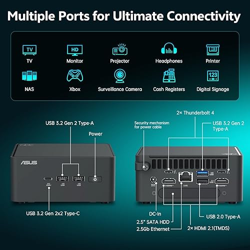 Asus NUC 15 Pro NUC15CRKV7 Barebone System - Mini PC - Intel Core Ultra 7 265H - Intel Chip - 96 GB DDR5 SDRAM DDR5-6400/PC5-51200 Maximum RAM Support - 2 Total Memory Slots - NVMe Controller - Intel 64GB RAM | 2TB SSD Ultra 5 225H-Black