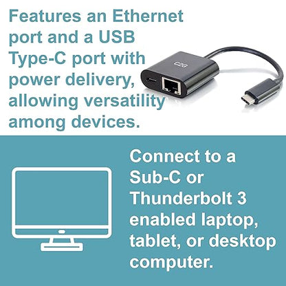 C2G 29749 USB C Adapter and Ethernet Adapter with Power, Black Black Black