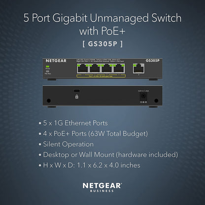 NETGEAR 5-Port Gigabit Ethernet Unmanaged PoE Switch (GS305P v2) - with 4 x PoE+ @ 63W, Desktop or Wall Mount