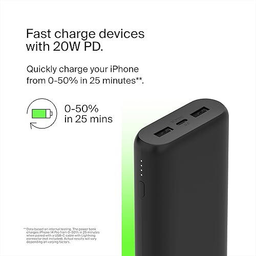Belkin 20W 3-port USB Power Bank - 20K mAh - 2xUSB-A (12W), 1xUSB-C (15W) - Portable Charger - w/ USB-C to USB-C Cable - Black - For USB Type C Device, USB Type A Device - 20000 mAh - Black