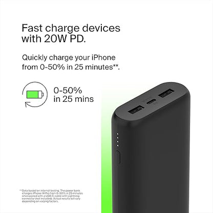 Belkin 20W 3-port USB Power Bank - 20K mAh - 2xUSB-A (12W), 1xUSB-C (15W) - Portable Charger - w/ USB-C to USB-C Cable - Black - For USB Type C Device, USB Type A Device - 20000 mAh - Black