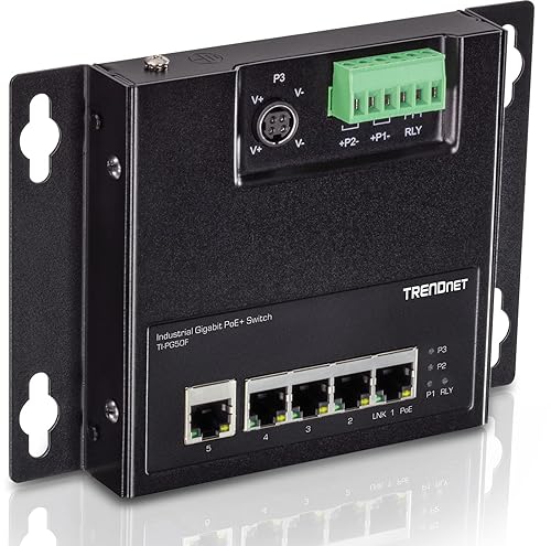 TRENDnet 5-Port Industrial Gigabit Poe+ Wall-Mounted Front Access Switch, 5X Gigabit Poe+ Ports, DIN-Rail Mount, 48 –57V DC Power Input, IP30, 120W Poe Budget, TI-PG50F 5 Port Switch