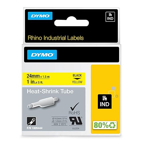 DYMO Rhino Industrial Heat-Shrink Cable Label Tubes | 1/2" x 5' (12mm x 1.5m) | Black Print on Yellow | for Rhino Label Makers 1/2" (12MM) Black on Yellow